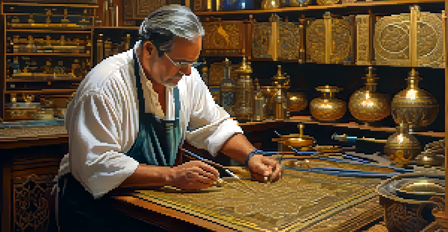 An artisan in Toledo crafting damascene art, with tools and intricate designs visible in a warm-lit workshop.