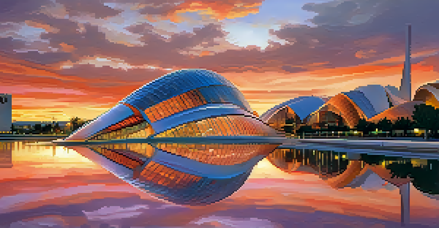 A sunset view of the City of Arts and Sciences in Valencia, featuring futuristic architecture reflected in calm waters.