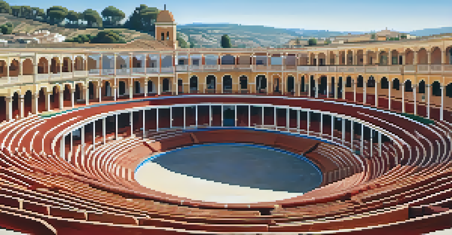 The neoclassical bullring of Ronda, showcasing its intricate architecture against a backdrop of hills and blue sky.