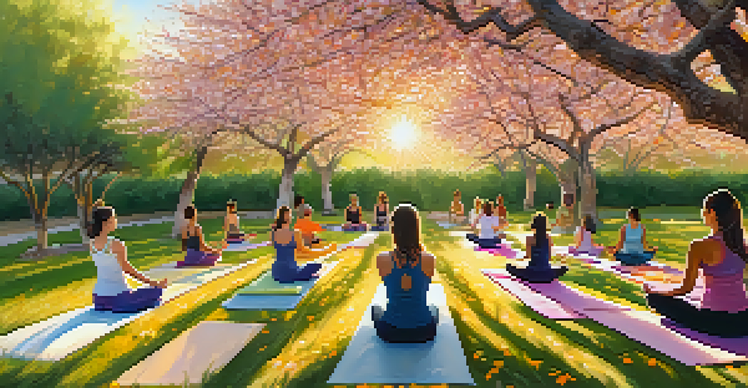 A group of people practicing yoga in a sunny orchard surrounded by blooming orange trees in Andalusia.