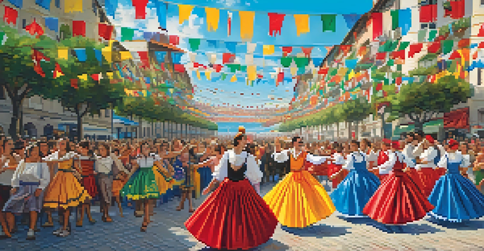 A festive scene from the Basque Country's Semana Grande festival with dancers in traditional costumes and colorful decorations in a lively public square.