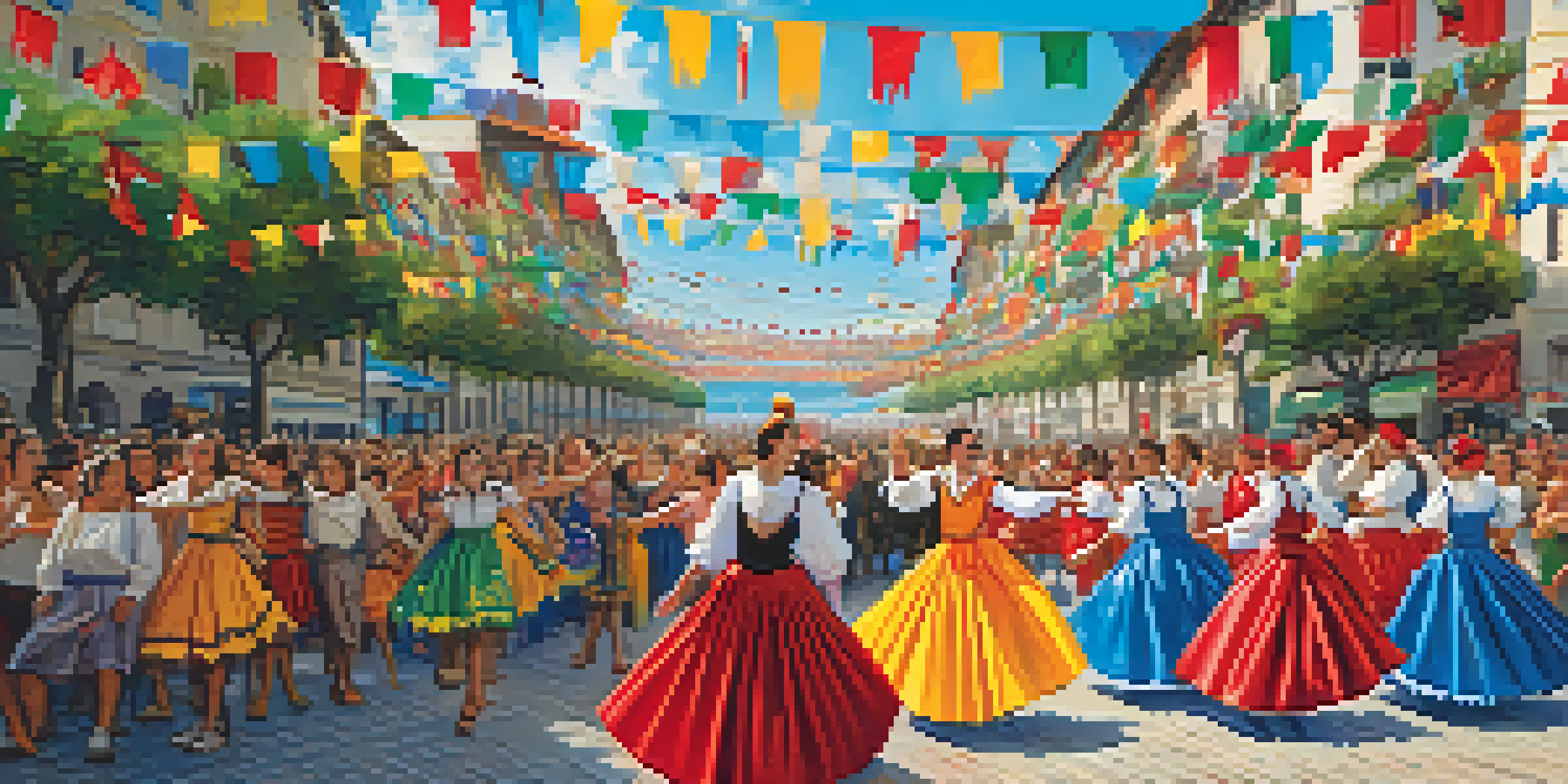 A festive scene from the Basque Country's Semana Grande festival with dancers in traditional costumes and colorful decorations in a lively public square.