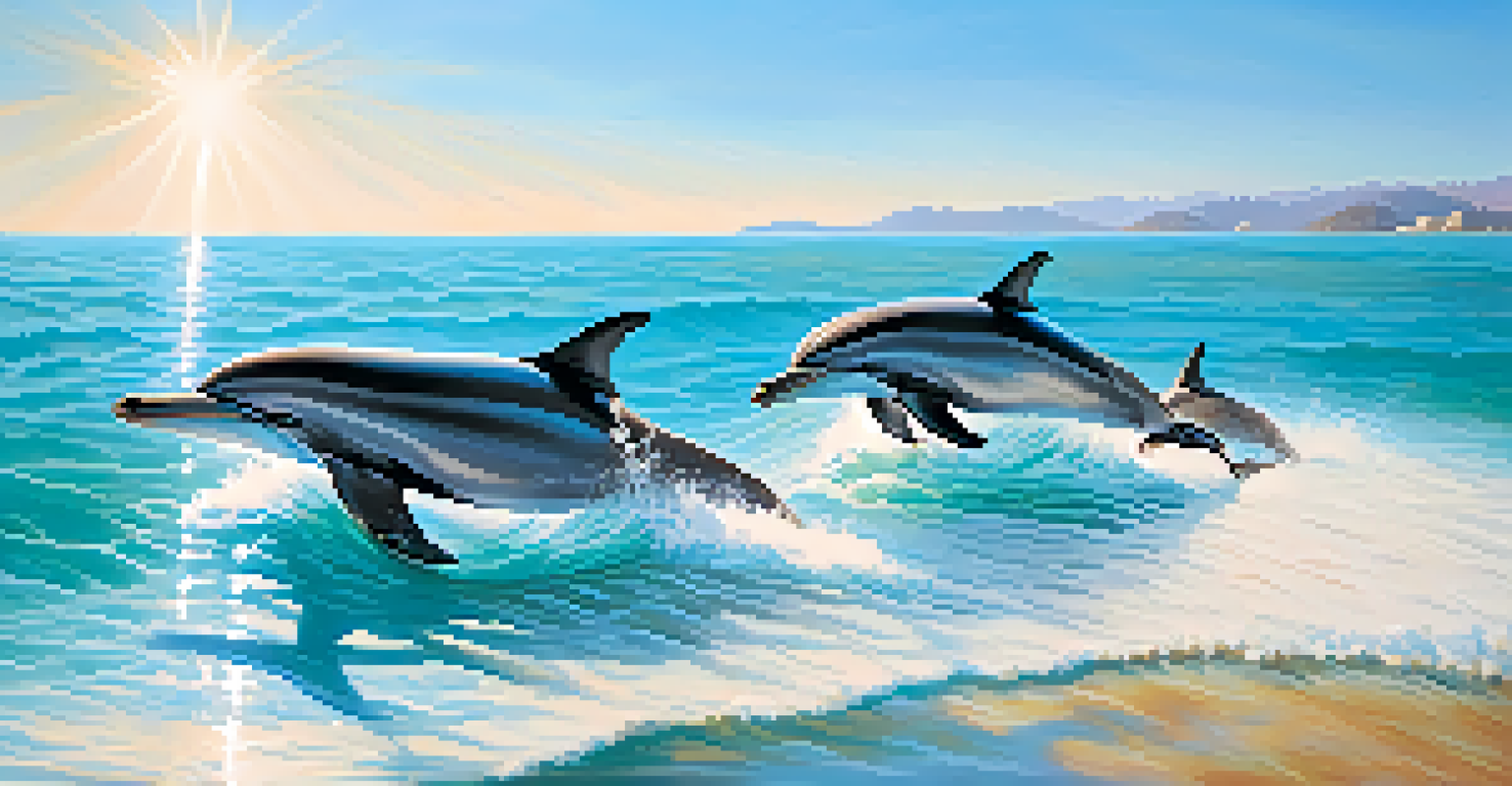 A group of dolphins swimming in clear blue water with sunlight reflecting off their bodies.