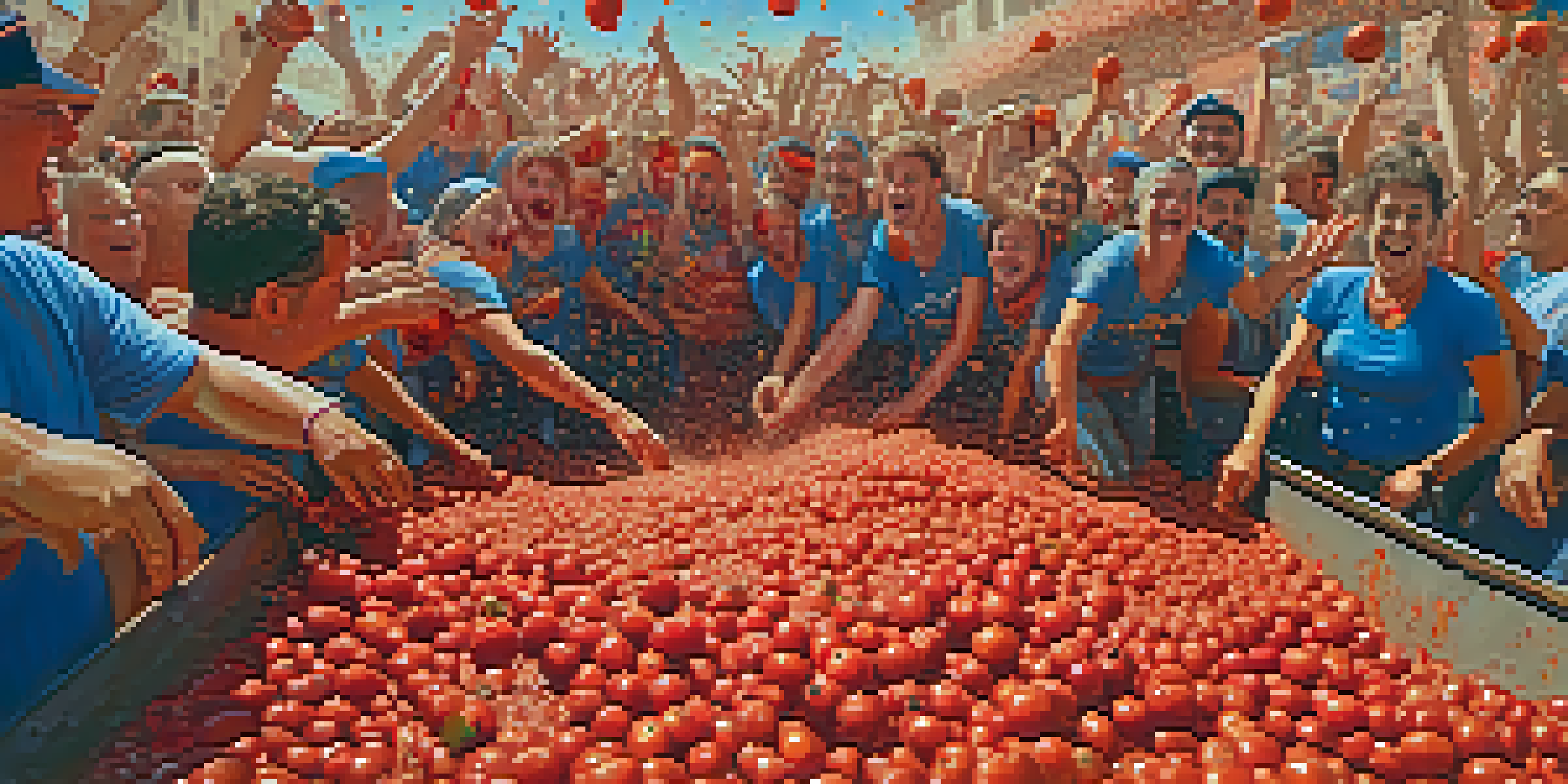 A lively tomato-throwing festival with people enjoying themselves amidst splashes of red tomato pulp.