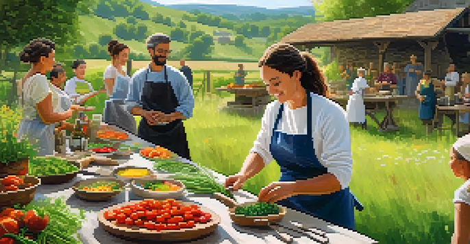 A diverse group of people participating in an outdoor cooking class in the countryside, chopping fresh herbs and vegetables with a local chef demonstrating techniques.