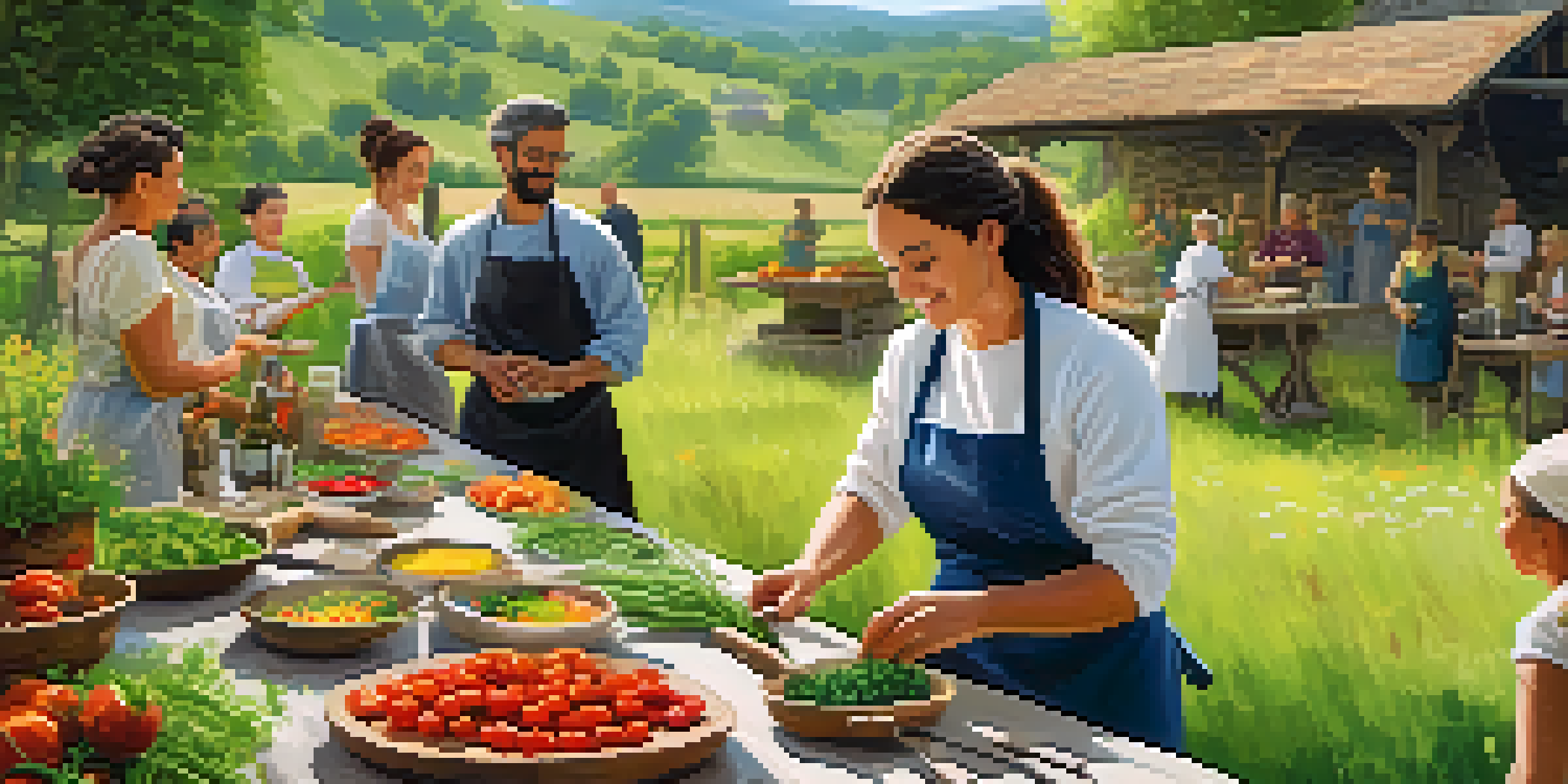 A diverse group of people participating in an outdoor cooking class in the countryside, chopping fresh herbs and vegetables with a local chef demonstrating techniques.