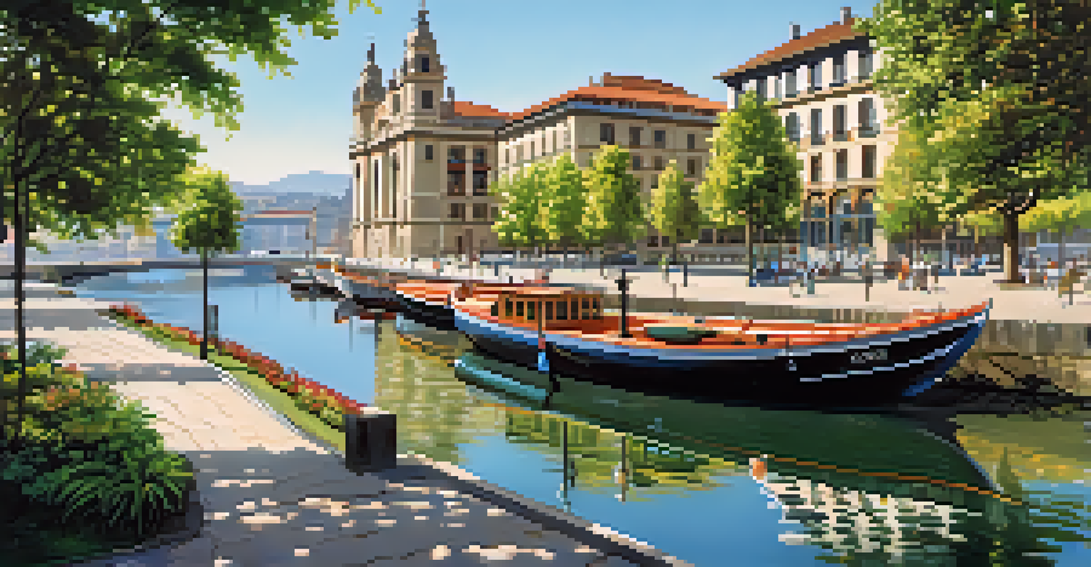 Exterior view of the Museo Marítimo del País Vasco with fishing boats along the riverbank.