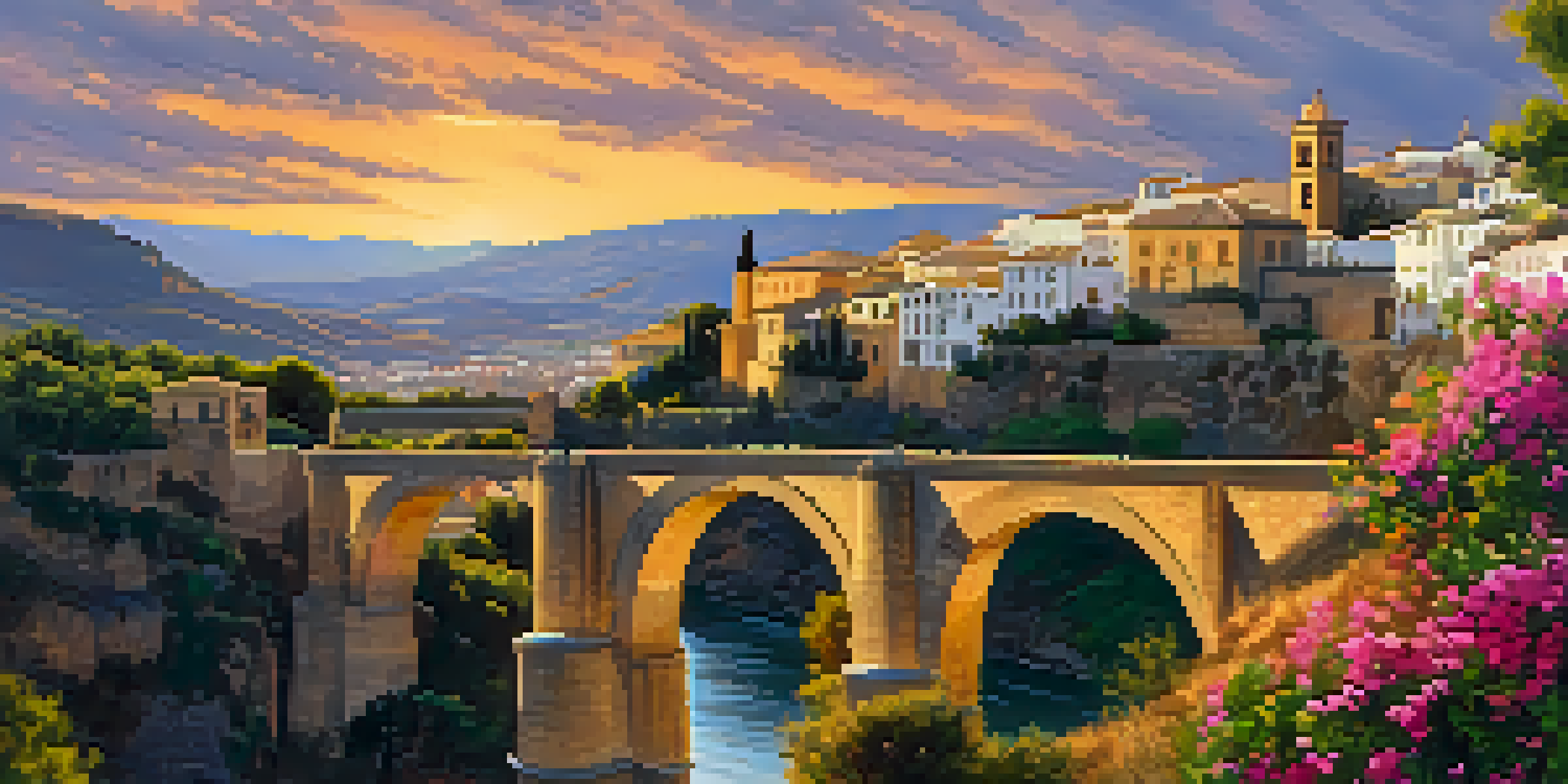 A stunning sunset view of the Puente Nuevo bridge in Ronda, surrounded by vibrant landscapes and whitewashed buildings.