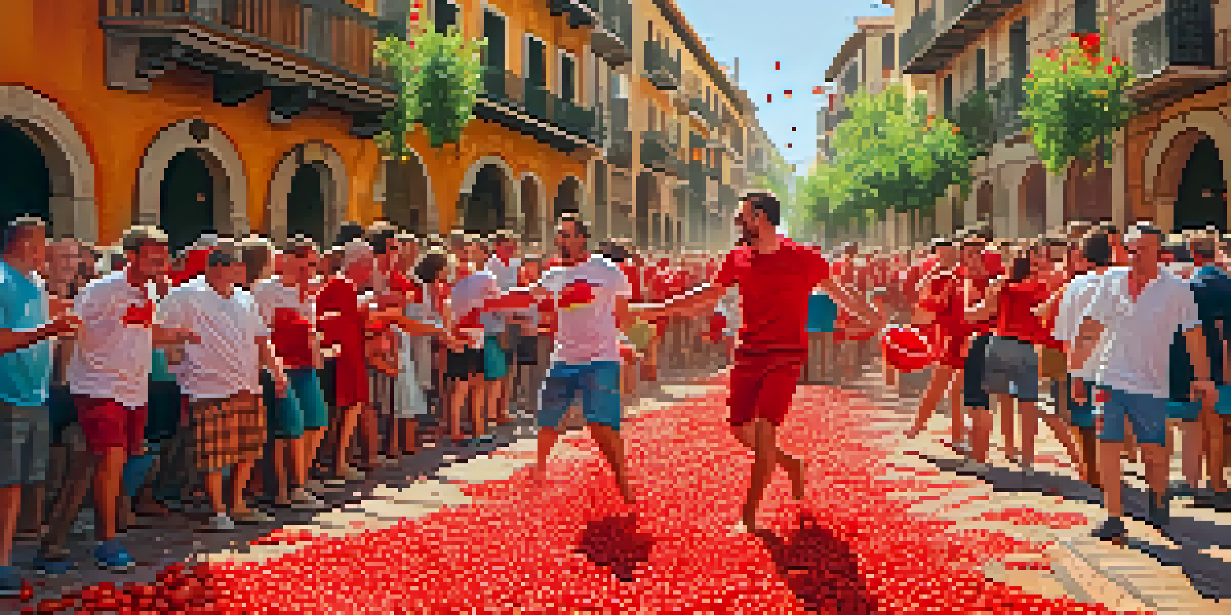 A lively street scene during the La Tomatina festival in Spain, with people throwing tomatoes and bright colors all around.