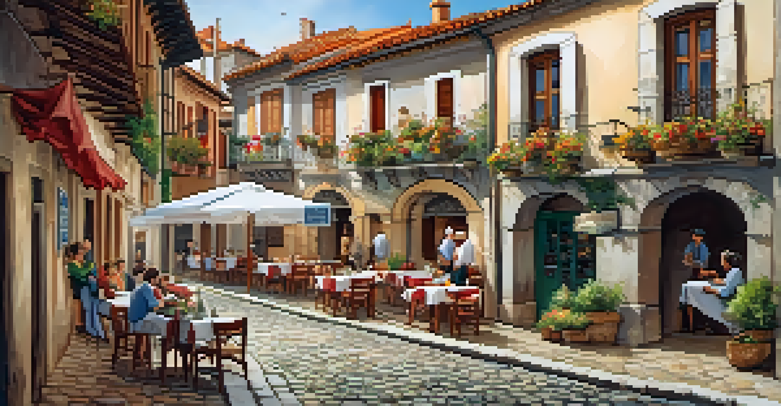 A lively street scene in a historic village along the Camino Portugués, featuring local culture, architecture, and traditional food.