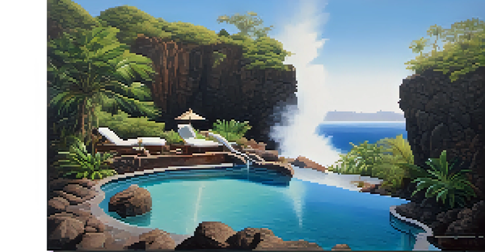 An outdoor spa with a mineral-rich pool surrounded by volcanic rocks and tropical plants in a scenic landscape.