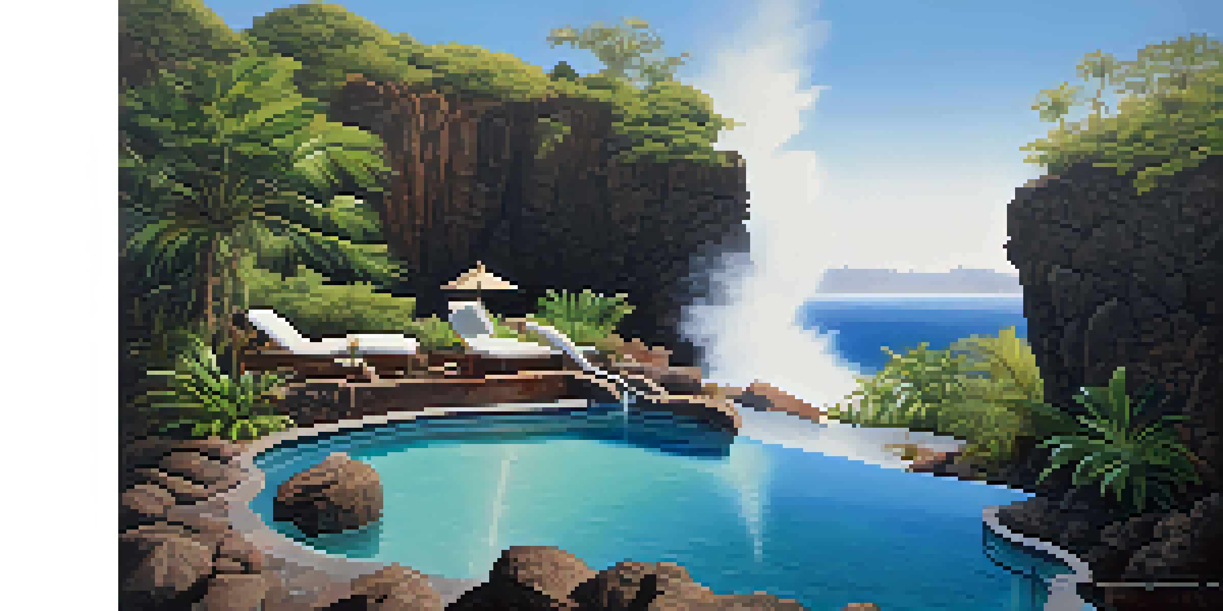 An outdoor spa with a mineral-rich pool surrounded by volcanic rocks and tropical plants in a scenic landscape.
