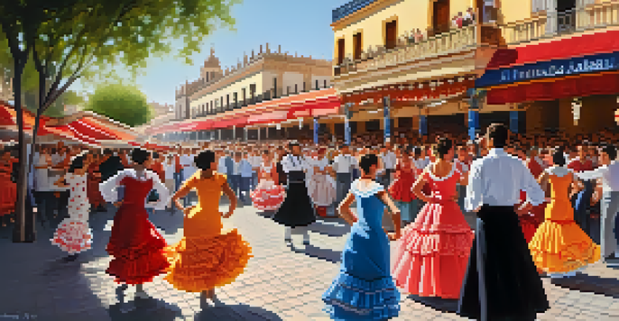 A lively street scene from Seville's Feria de Abril, featuring people in colorful flamenco dresses and decorated casetas, under a clear blue sky.