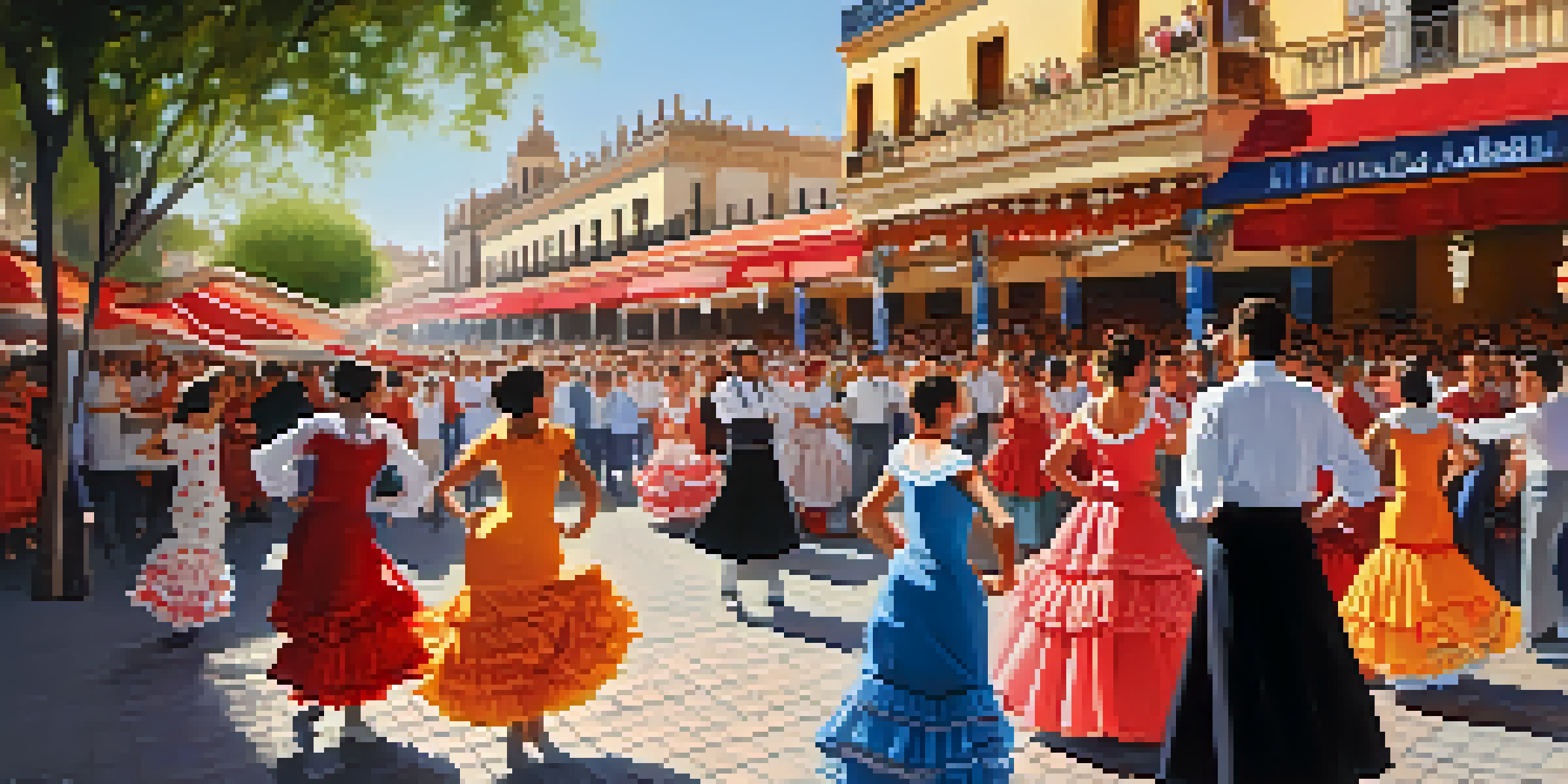 A lively street scene from Seville's Feria de Abril, featuring people in colorful flamenco dresses and decorated casetas, under a clear blue sky.