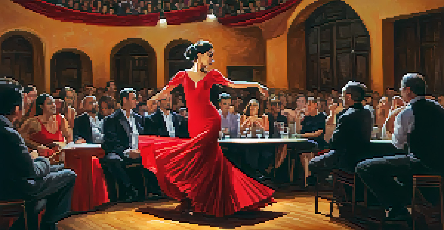 A flamenco dancer in a red dress performing on stage, surrounded by an engaged audience and musicians.