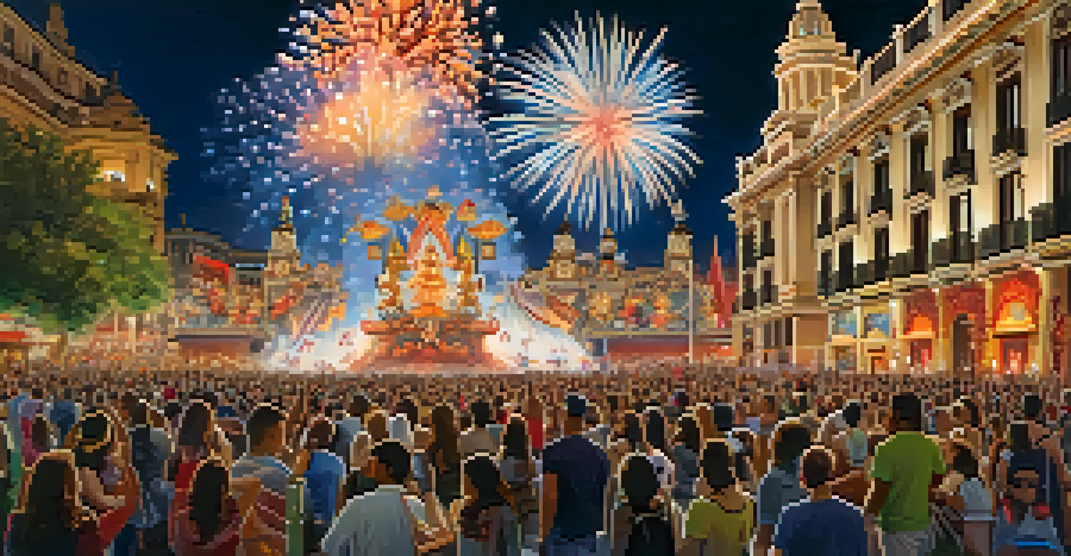 An artistic depiction of the Las Fallas festival in Valencia with fireworks and sculptures, capturing a festive atmosphere.