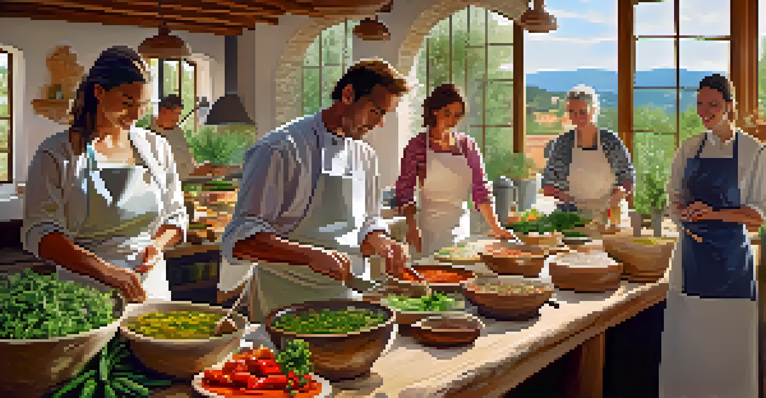Participants in a cooking class at a wellness retreat, surrounded by fresh ingredients and chefs teaching Mediterranean dishes.