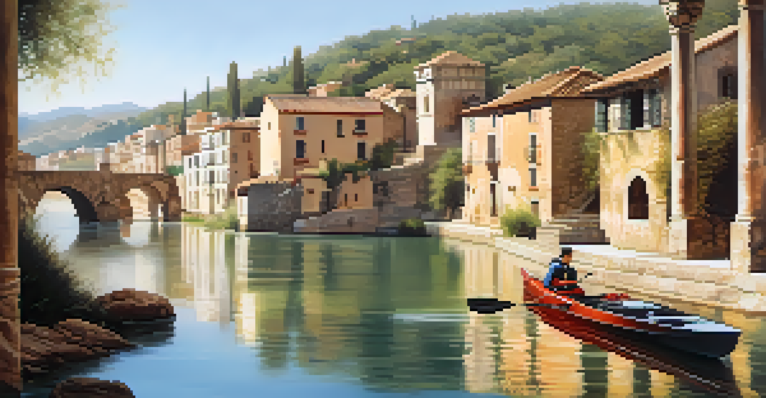 A kayaker paddling past ancient ruins and village architecture on a calm historic waterway.