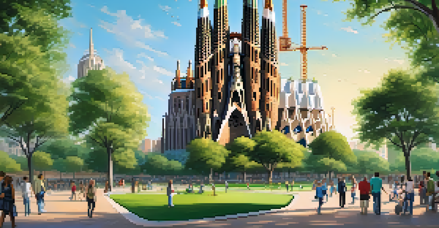 The Sagrada Familia in Barcelona, showcasing its unique architecture, with green trees and a blue sky, and people in a nearby park.