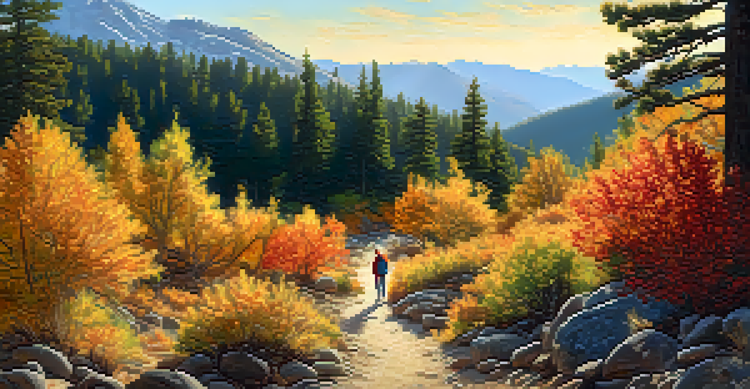 An autumn hiking scene in the Sierra Nevada with colorful foliage and a hiker on a sunlit trail.