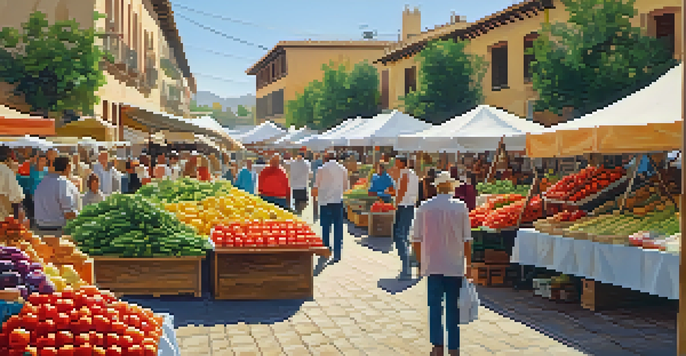 A lively outdoor market in Spain filled with fresh produce, including tomatoes and peppers, with people shopping.