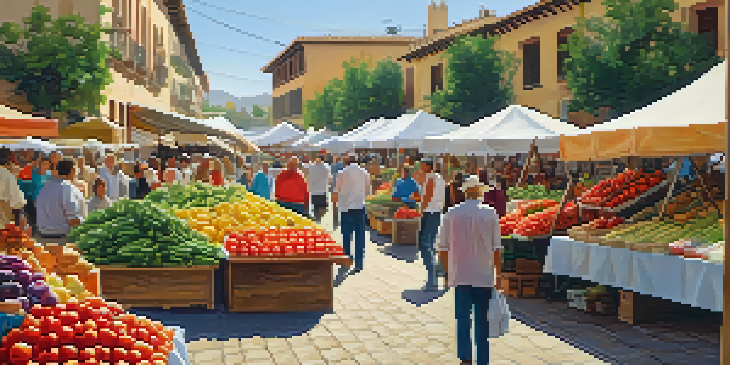 A lively outdoor market in Spain filled with fresh produce, including tomatoes and peppers, with people shopping.