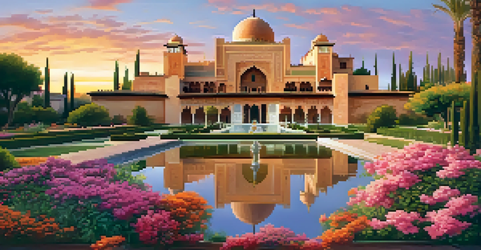 A beautiful sunset view of the Alhambra palace with intricate architecture and colorful gardens.