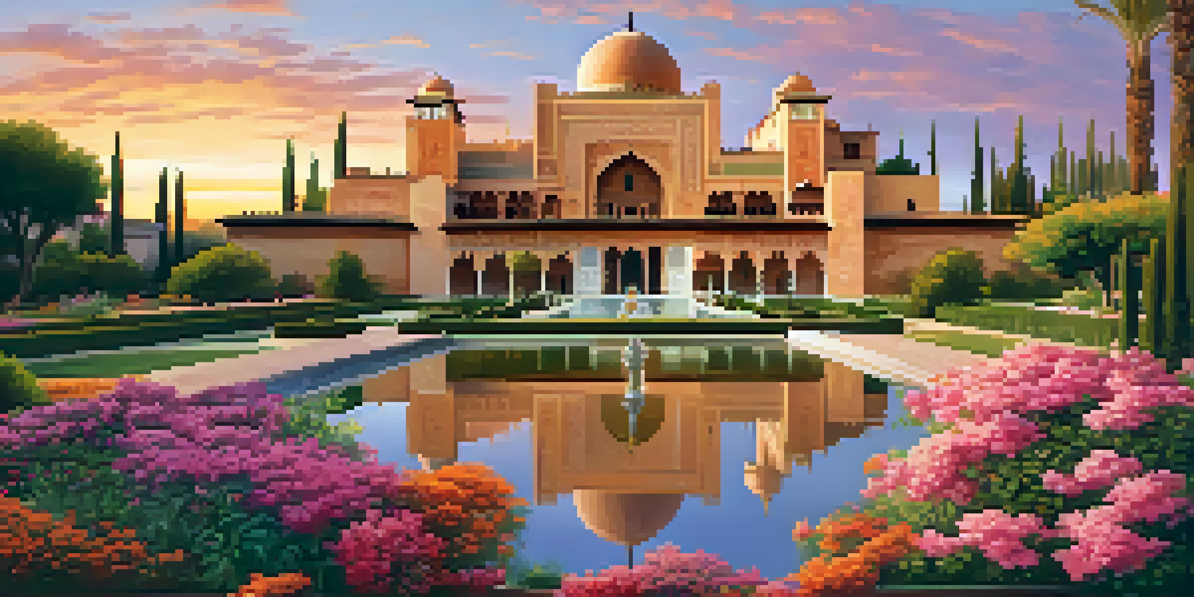 A beautiful sunset view of the Alhambra palace with intricate architecture and colorful gardens.