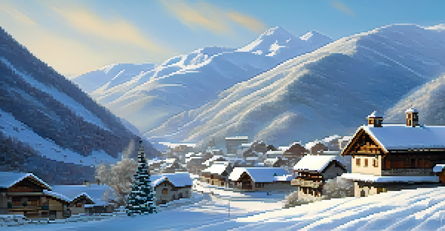 A tranquil winter scene of a snow-covered village in Cerler, with quaint buildings and a lone snowboarder in the distance.