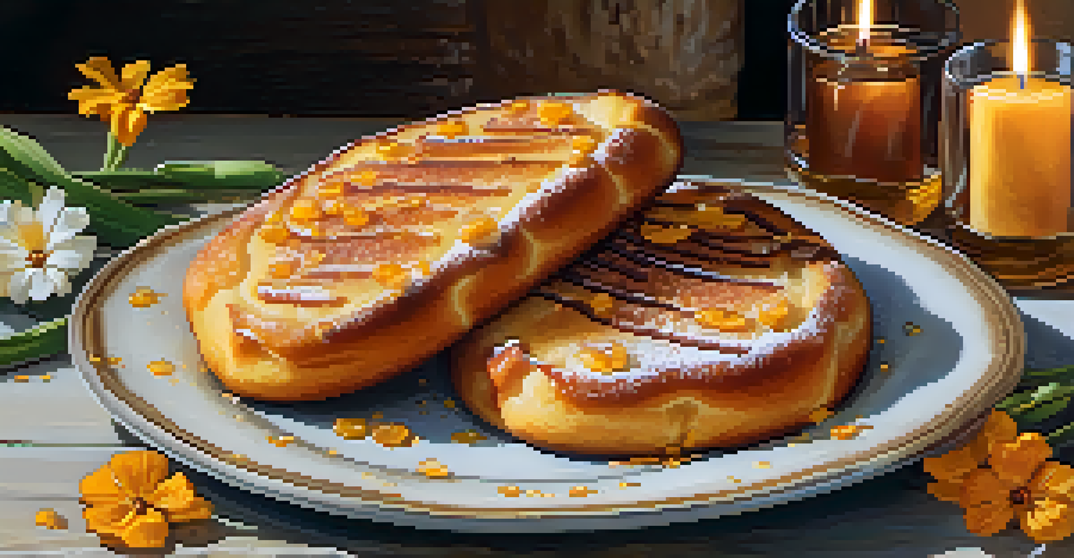 A close-up view of 'torrijas', a sweet bread dessert, drizzled with honey and garnished with cinnamon on a decorative plate.