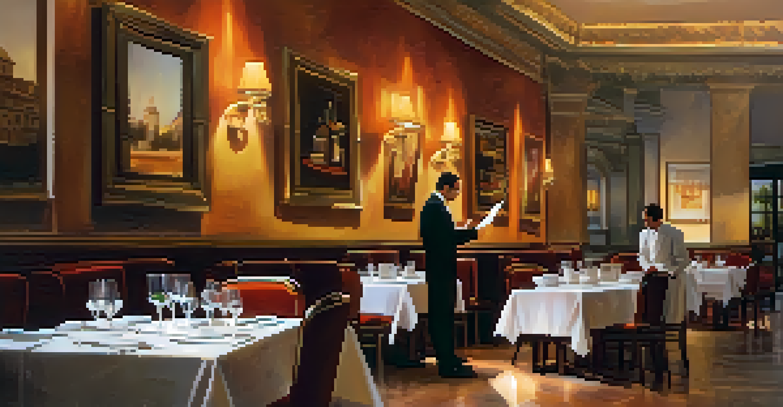 An elegant Spanish restaurant interior with a beautifully set table and a smiling waiter attending to guests, illuminated by soft ambient lighting.