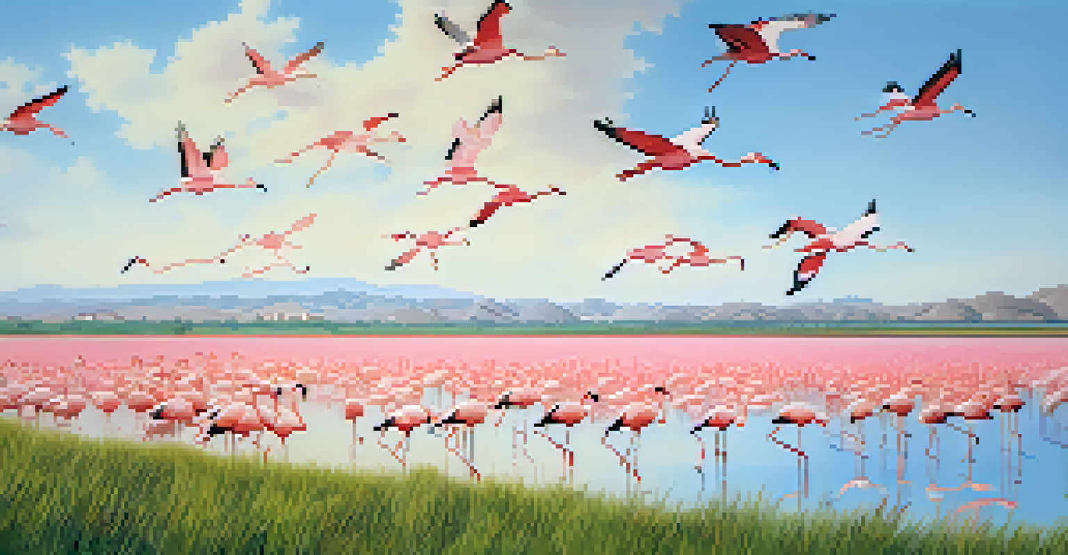 A vibrant view of the Ebro Delta with rice fields and lagoons, as a flock of pink flamingos takes flight against a clear blue sky.