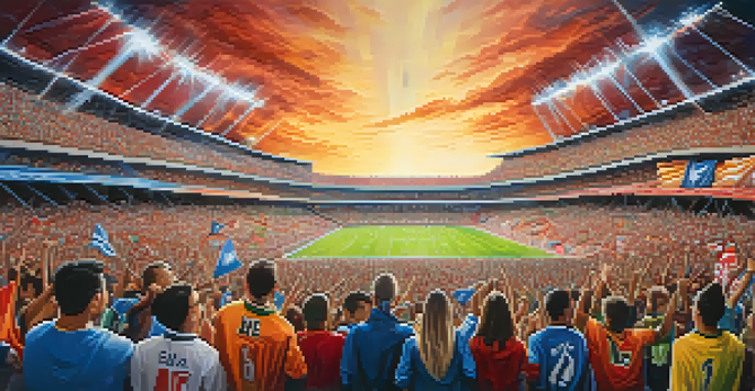 A colorful football stadium packed with enthusiastic fans cheering for their teams, creating a lively and energetic atmosphere.