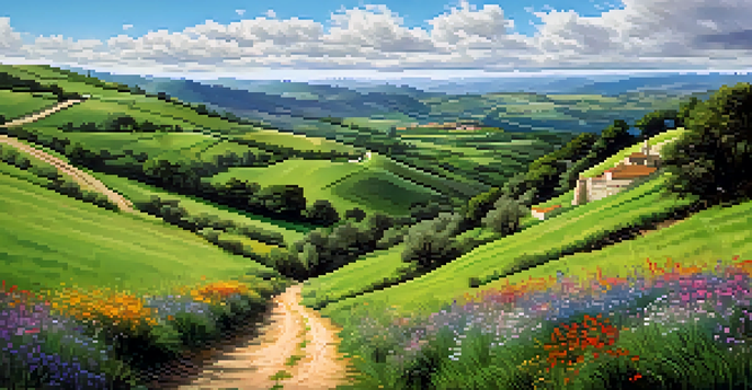 A scenic trail of the Camino de Santiago with green hills and wildflowers, featuring a distant ancient stone monastery under a blue sky.