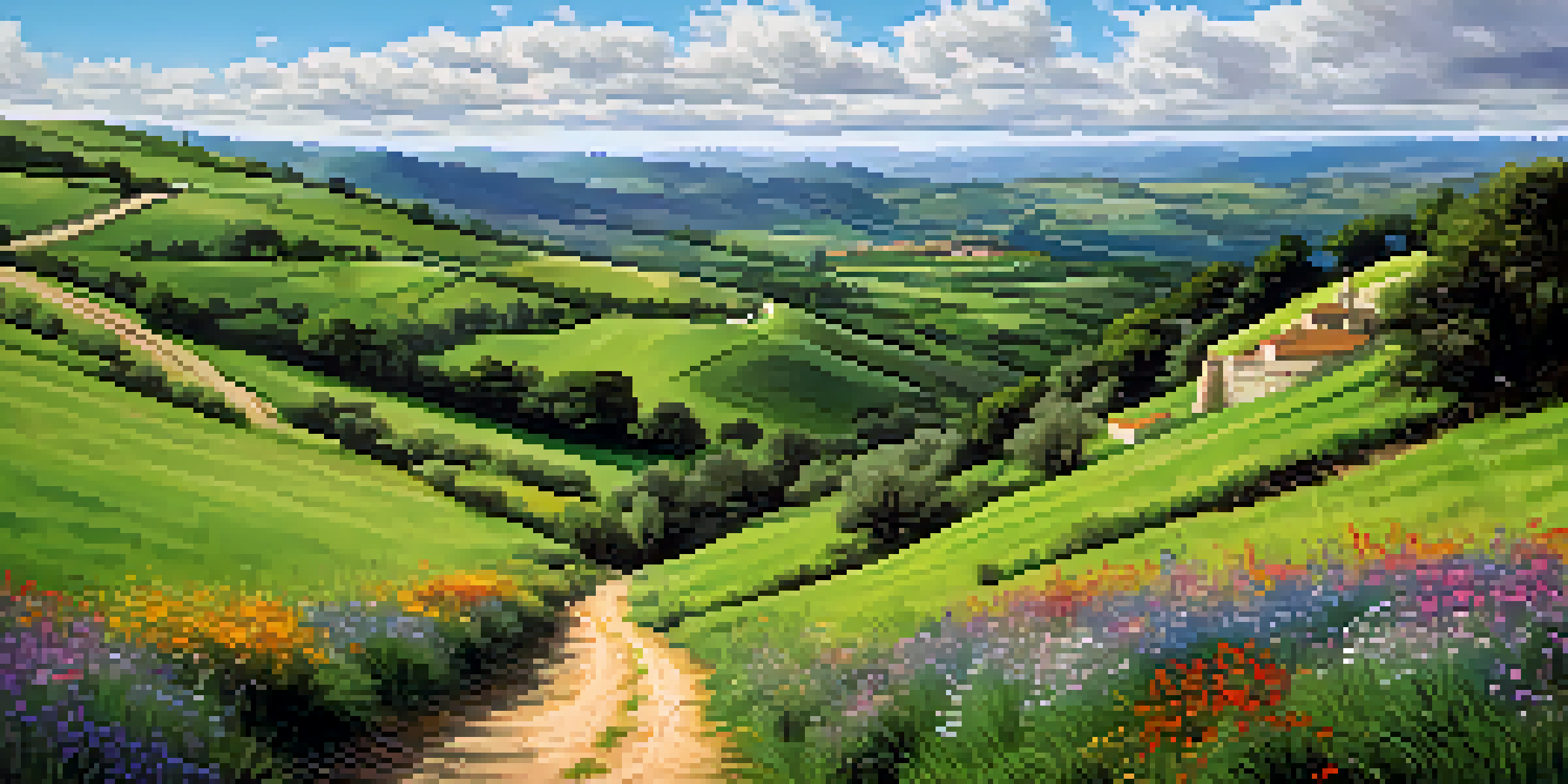 A scenic trail of the Camino de Santiago with green hills and wildflowers, featuring a distant ancient stone monastery under a blue sky.