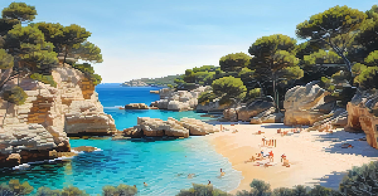 A hidden cove at Cala Mitjana featuring turquoise waters, sandy beach, and rocky cliffs under dappled sunlight.