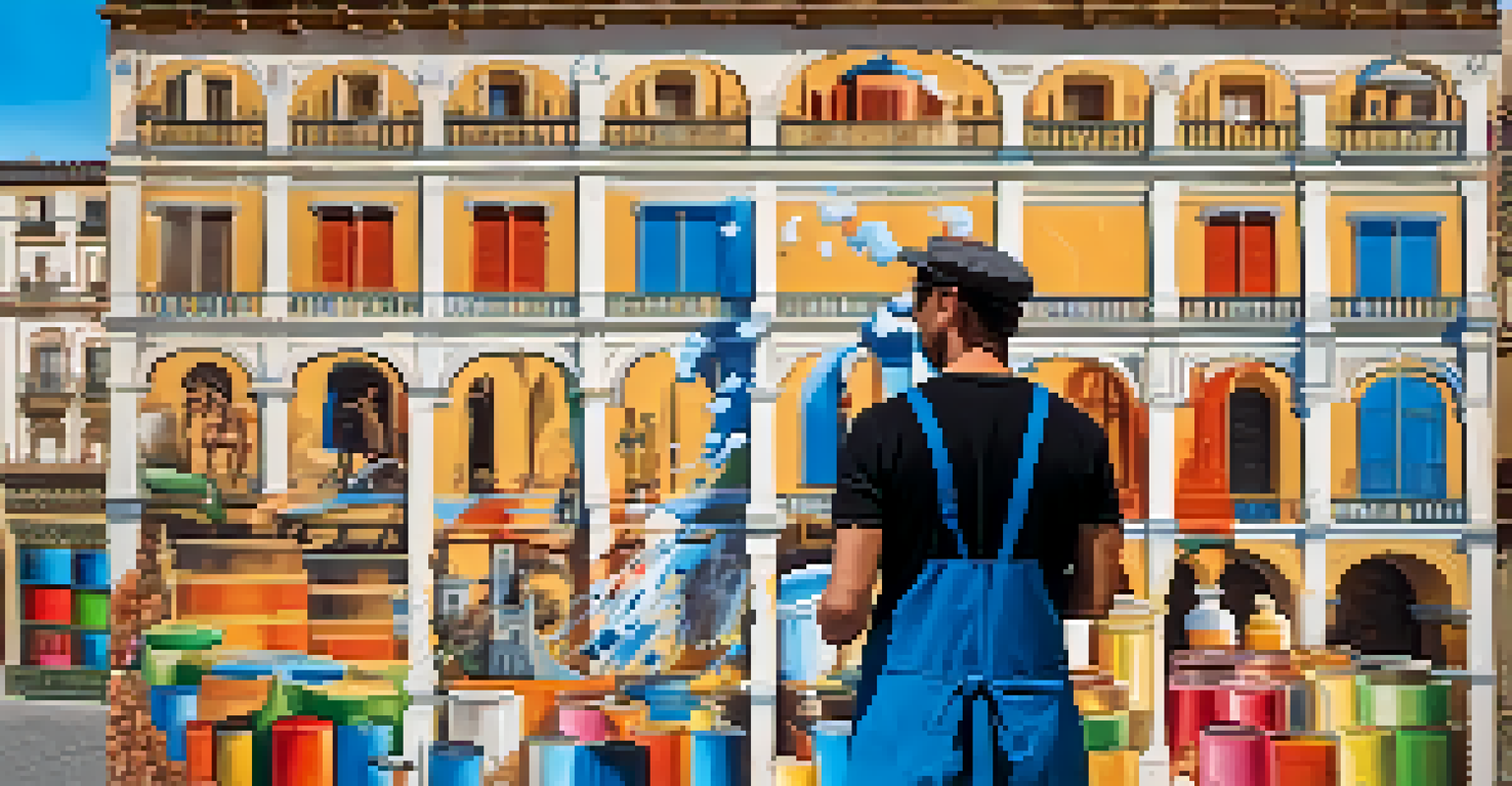 An artist in Seville painting a mural, surrounded by paint cans, with historic buildings and a blue sky in the background.