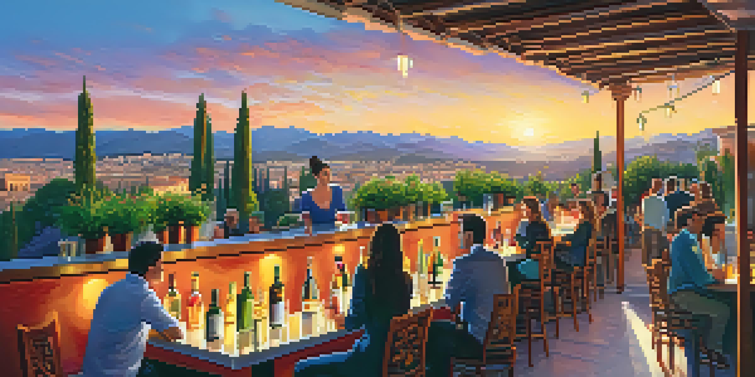 A vibrant rooftop bar in Granada with guests sipping cocktails against the backdrop of the Alhambra illuminated at sunset.