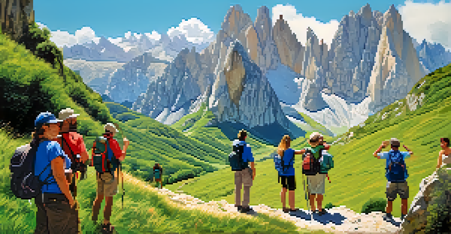 A guided tour in the Picos de Europa with a guide showing tourists the landscape, surrounded by mountains and greenery.
