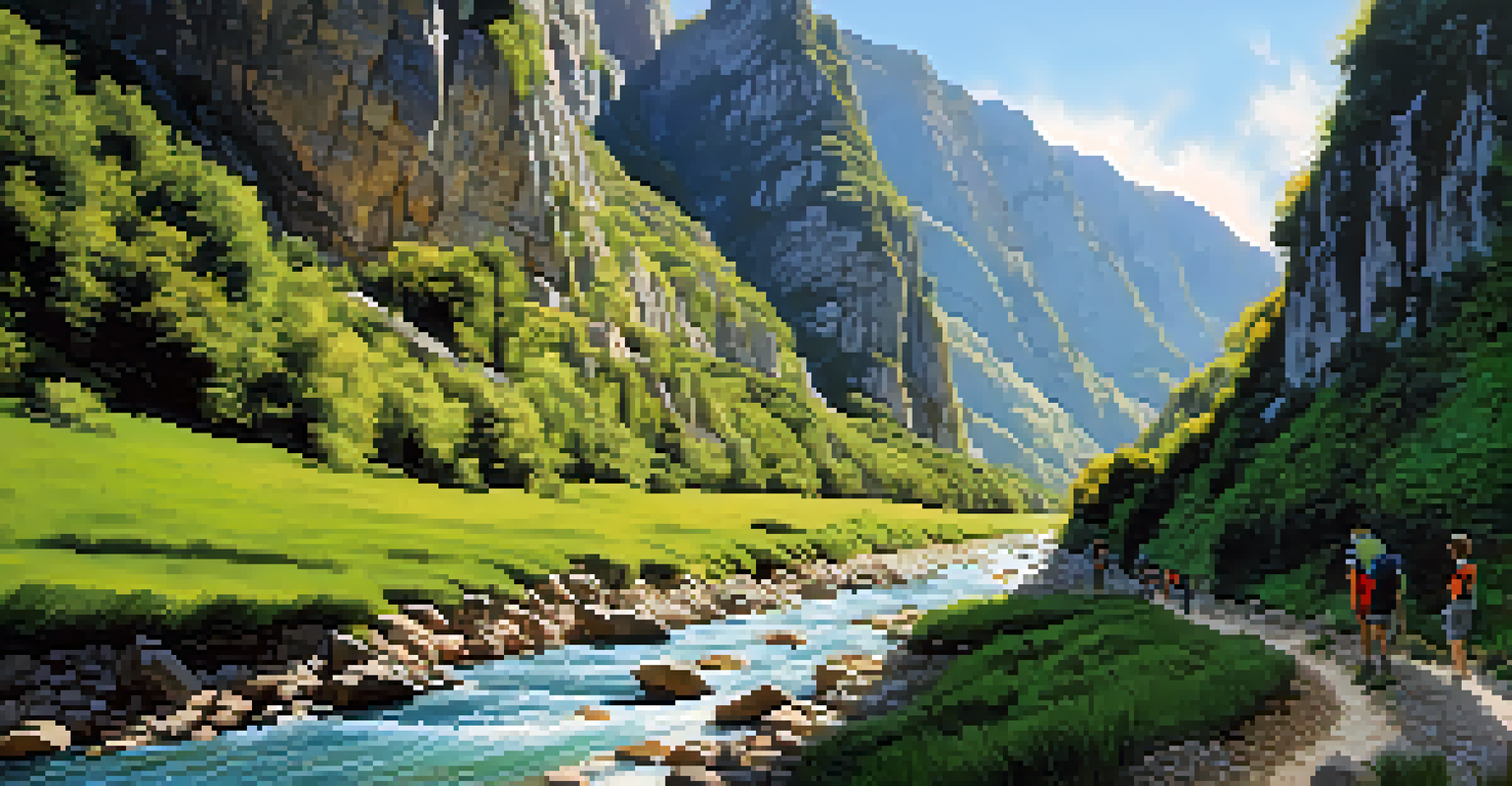 Hikers on the Cares Gorge Trail in Picos de Europa, surrounded by dramatic cliffs and a flowing river, showcasing a beautiful natural landscape.
