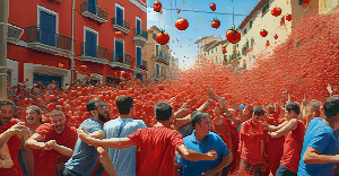 Participants joyfully throwing tomatoes during La Tomatina festival, with a backdrop of colorful buildings.