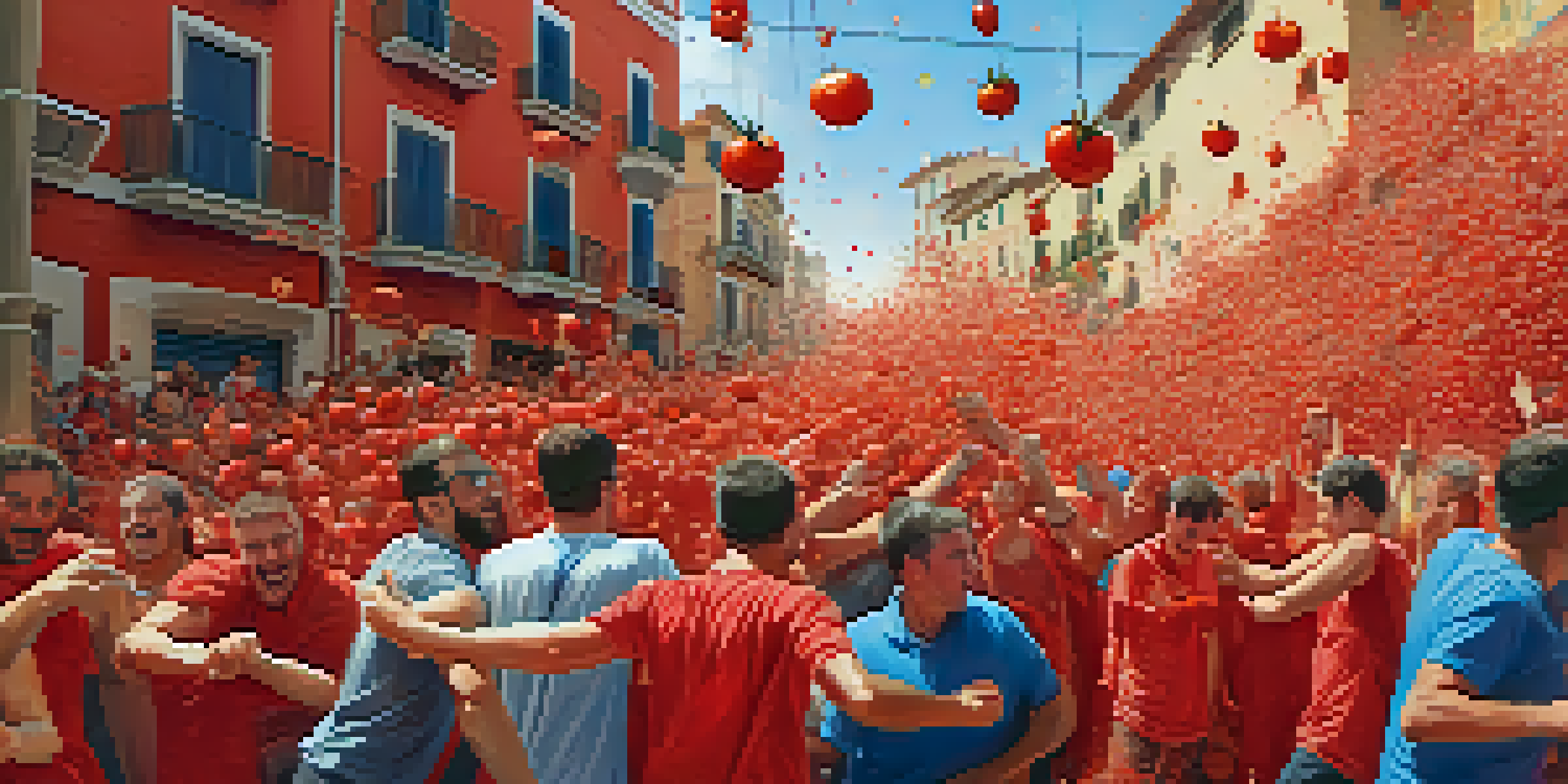 Participants joyfully throwing tomatoes during La Tomatina festival, with a backdrop of colorful buildings.