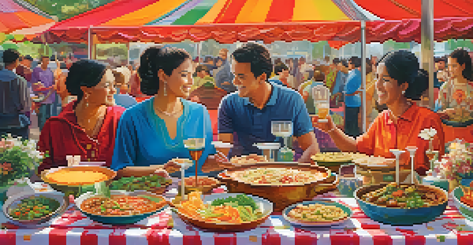 A food festival with a long table of colorful international dishes and people enjoying food and conversations.