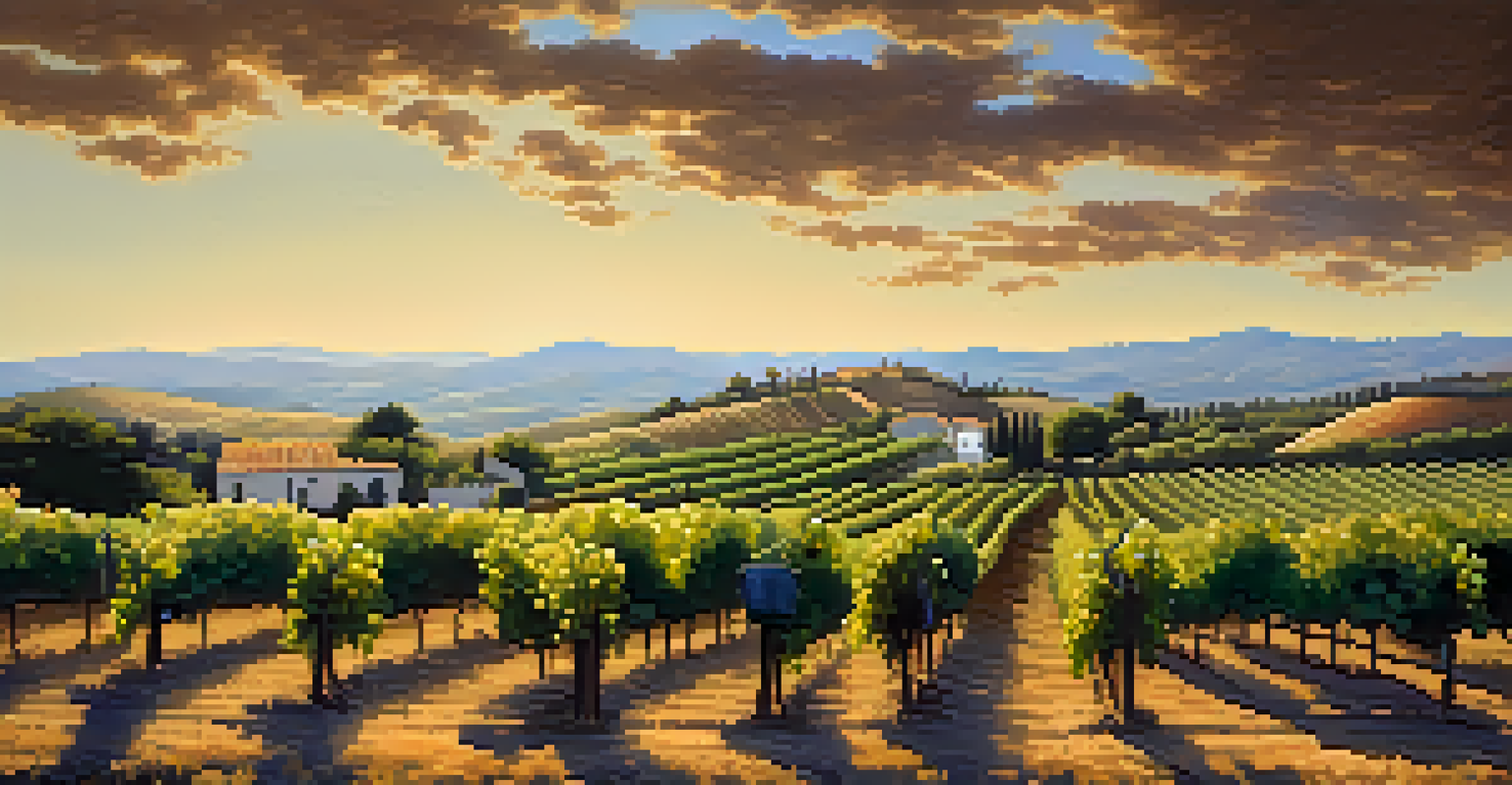 A scenic Spanish vineyard during harvest season, with ripe grapes on the vines and a basket of grapes in the foreground.