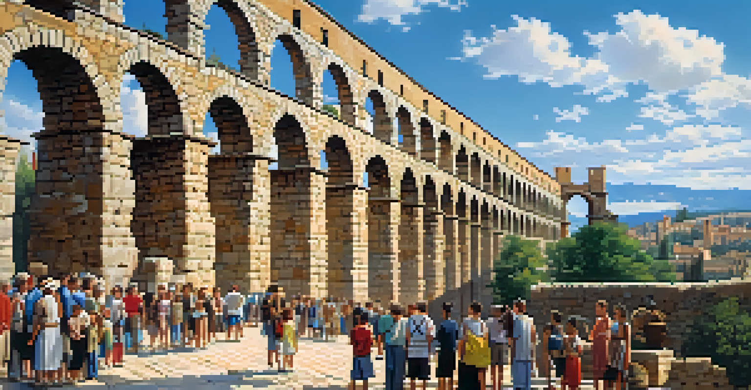 The Roman Aqueduct in Segovia with families admiring its grandeur.