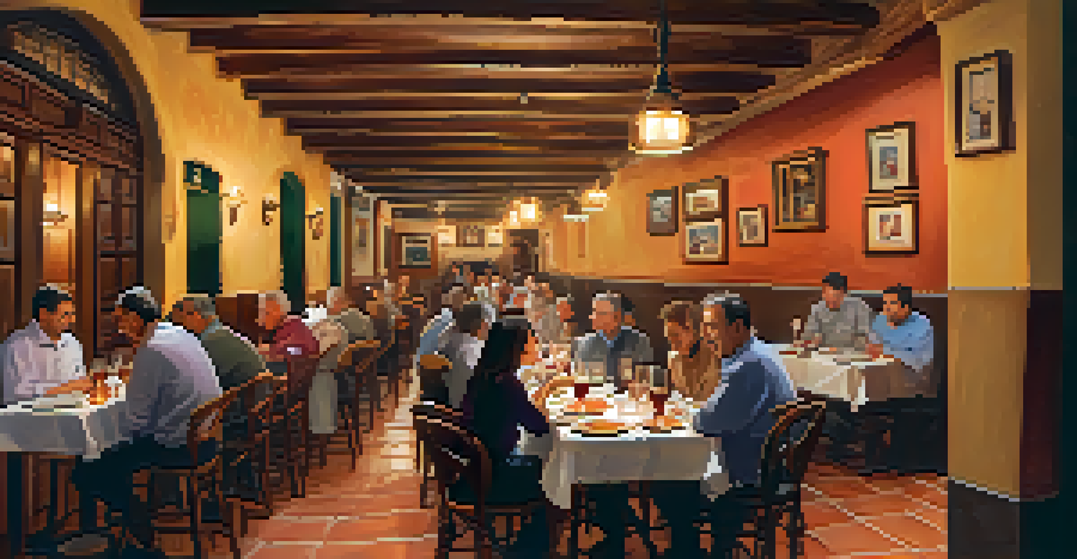 A cozy local tavern in Granada where guests are enjoying traditional tapas and chatting around communal tables.