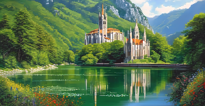 Panoramic view of the Shrine of Covadonga with lush mountains, vibrant wildflowers, and a serene river.
