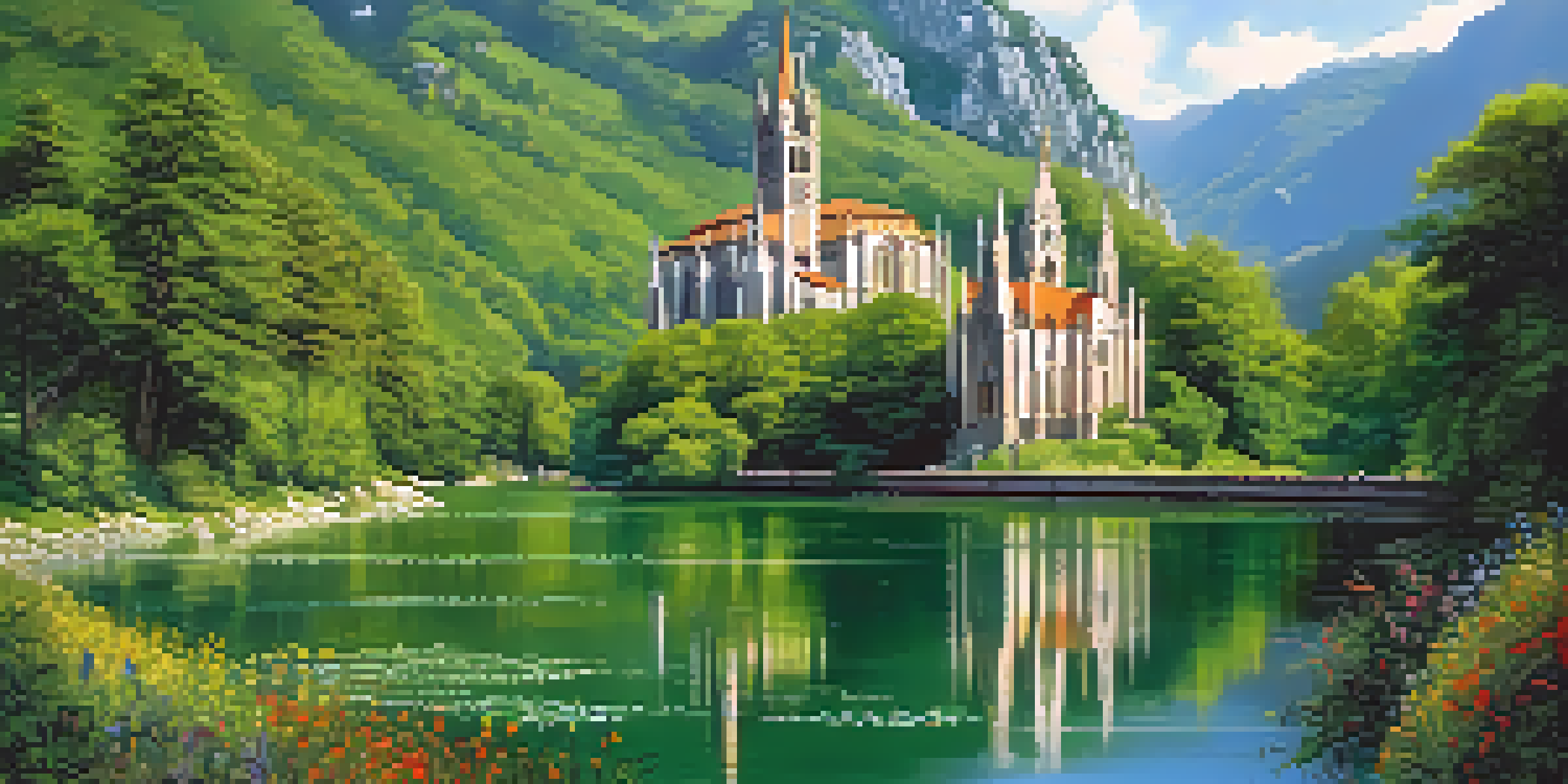Panoramic view of the Shrine of Covadonga with lush mountains, vibrant wildflowers, and a serene river.