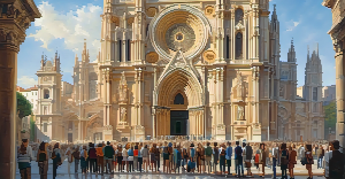 A diverse group of travelers listening to a guide in front of a historic cathedral in Spain, illuminated by warm sunlight.
