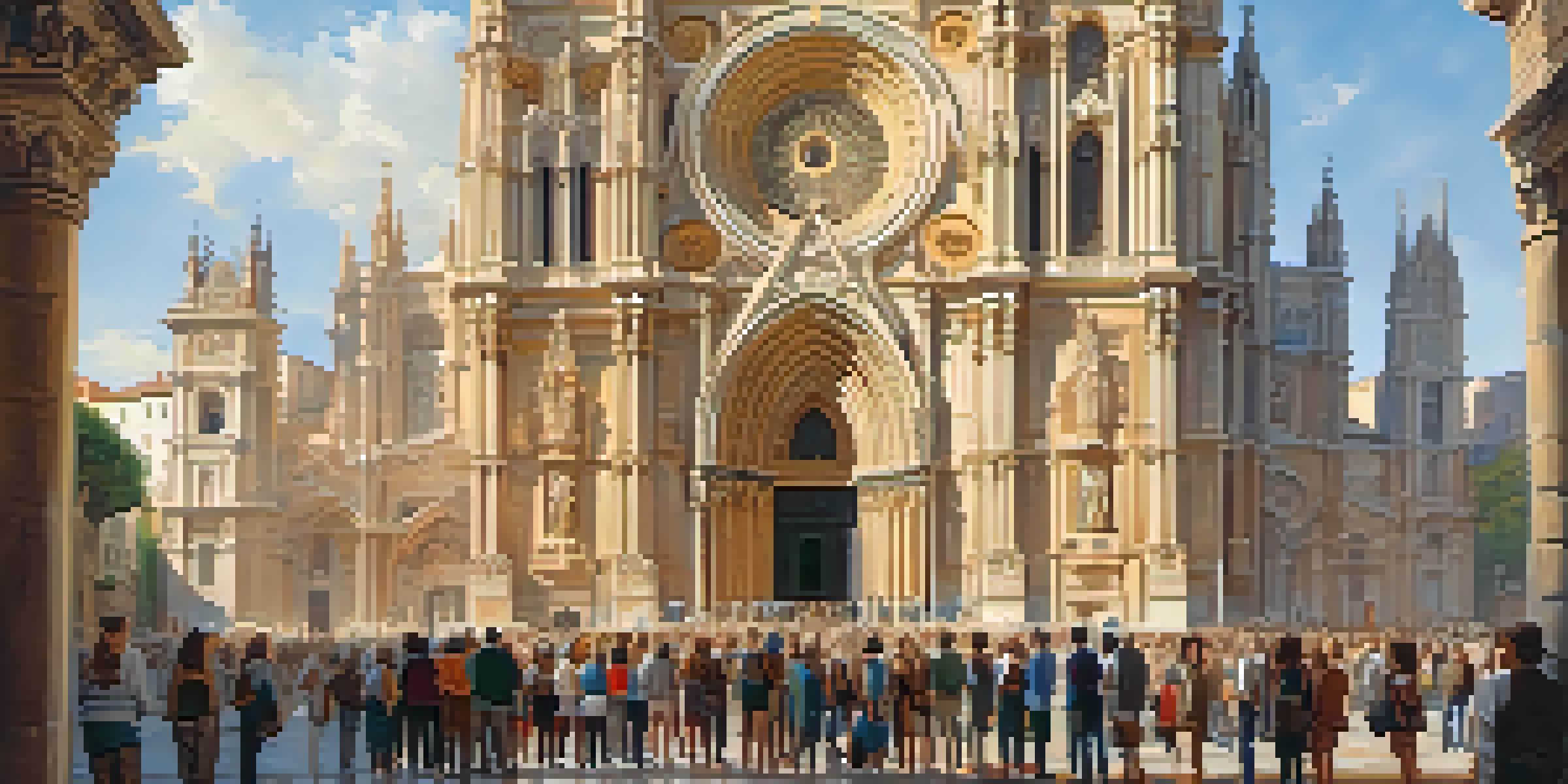 A diverse group of travelers listening to a guide in front of a historic cathedral in Spain, illuminated by warm sunlight.